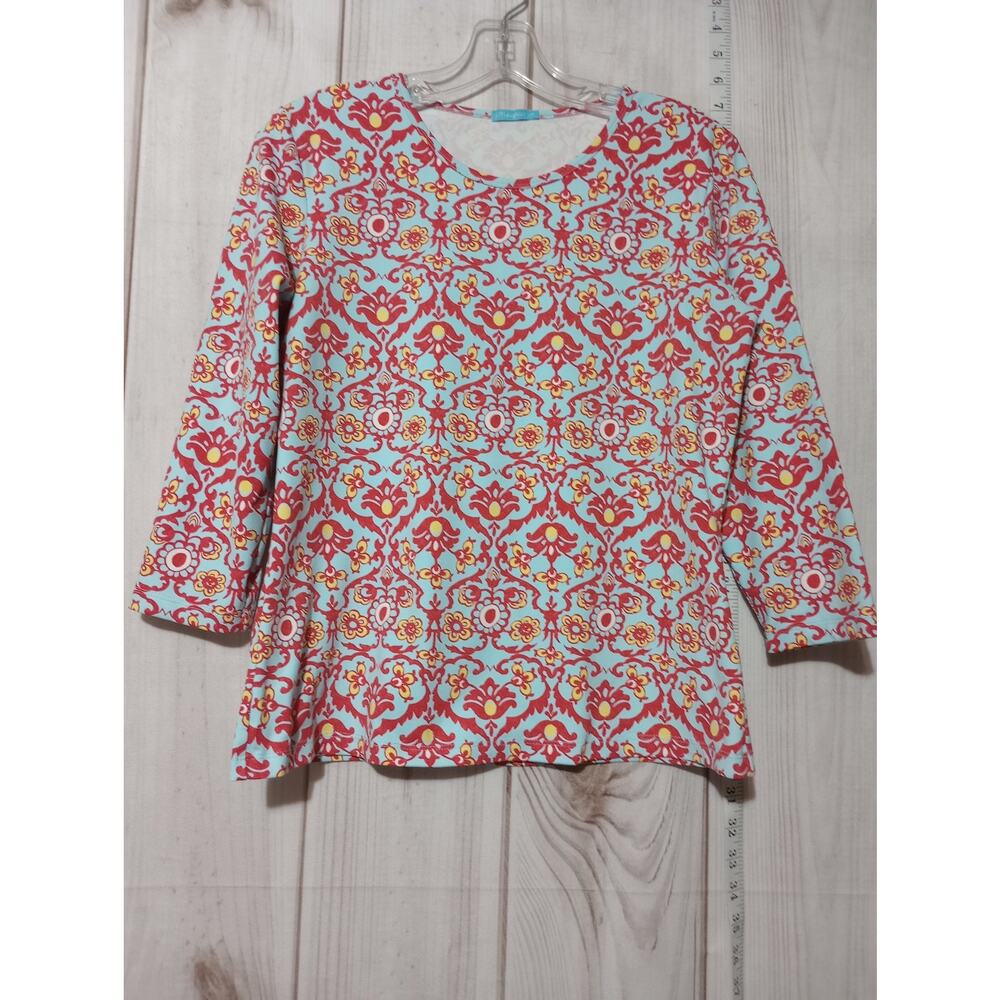 J McLaughlin Shirt Womens Medium Blue Red Yellow Floral Damask Stretch Top USA